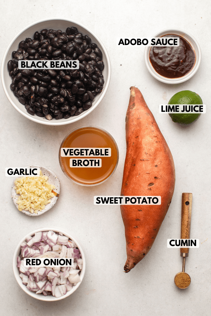 ingredients for chipotle black bean soup arranged and labeled on white background
