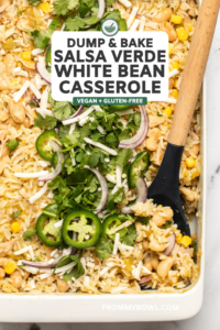 salsa verde white bean casserole topped with cilantro jalapeno and red onion