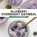 top photo showing jars of blueberry overnight oatmeal before toppings. Bottom photo shows a jar of oatmeal with a gold spoon in it, topped with blueberries, hemp hearts, and pumpkin seeds