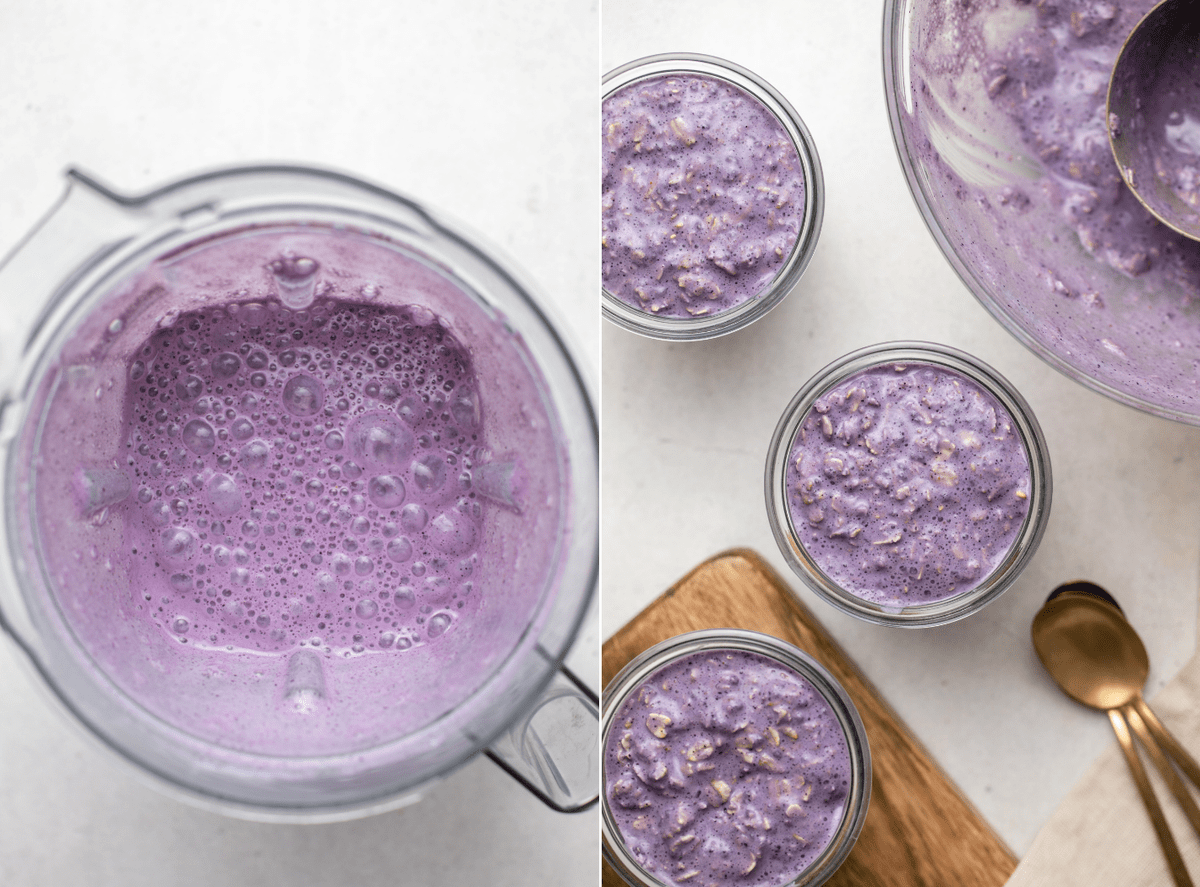 photo of blended "blueberry milk" in blender next to photo of soaked overnight oats placed in mason jars