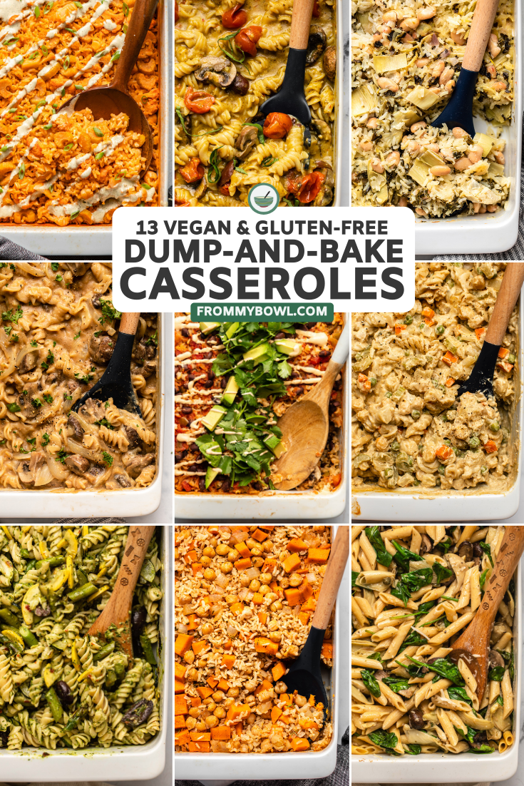 collage of 9 different pasta and rice-based casseroles cooked in white casserole dish. 