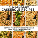collage of 9 different pasta and rice-based casseroles cooked in white casserole dish.