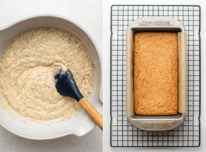 photo of lemon poppy seed cake batter in white mixing bowl with wooden spatula next to photo of cooked bread in bread pan resting on a black cooling rack