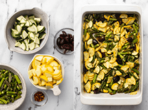 photo of thinly sliced squash, asparagus, olives, and chili flakes in small individual bowls next to photo of casserole dish with all vegetables tossed together after roasting