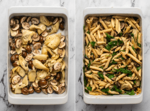 photo of mushrooms and artichoke hearts in casserole dish before roasting next to photo of roasted veggies mixed with wilted spinach and pasta