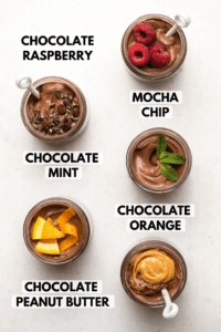 photo of chocolate pudding in individual glass cups showing chocolate raspberry, mocha chip, chocolate mint, chocolate orange, and chocolate peanut butter flavor variations
