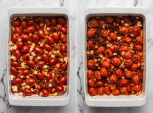 Two side-by-side photos of tomatoes, onion, garlic, and chorizo mixed together with olive oil in casserole dish. The first photo shows the dish before baking and the second shows after baking