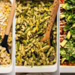 side-by-side photos of salsa verde casserole, pesto pasta casserole, and southwestern black bean casserole. All of the casseroles are in a white dish with a spoon inserted into it