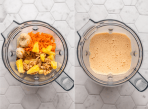 two side by side photos of a blender, the left one with ingredients before blending and the right photo of them after blending