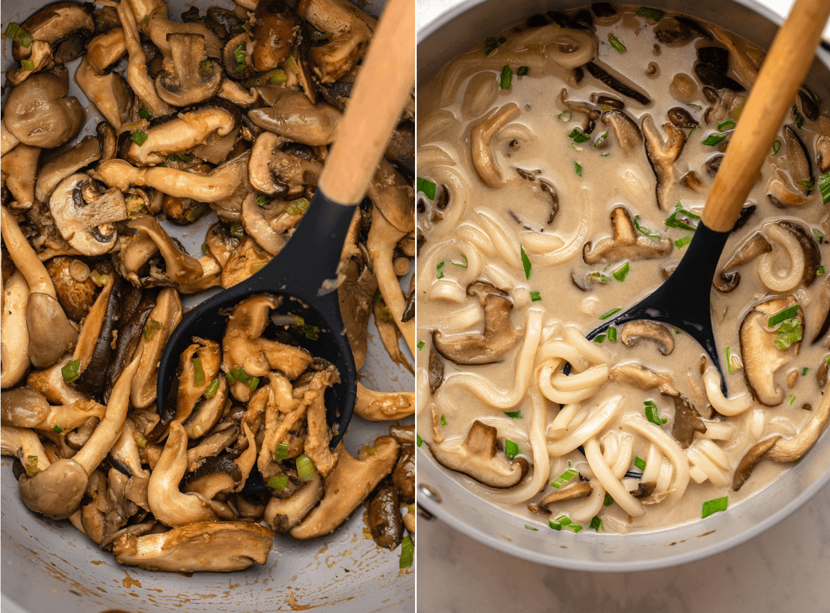 photo of mushrooms sauteed in ginger and garlic in large pot next to photo of finished cooked soup in the same pot with a wooden spoon.