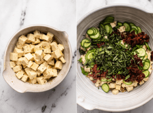 Two photos side by side; the first photo is a small bowl of tofu cubes in an oil and spice marinade. The second photo shows a large mixing bowl of the farro, cucumber, tomatoes, tofu, and basil before mixing together