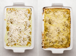 Photo of uncooked casserole next to photo of cooked casserole topped with melted vegan cheese