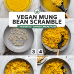 Photo steps for how to make mung bean scramble. Photos show soaking beans, cooked beans, sauteed shallot and garlic, cooked mung beans with spices, stirring in coconut cream, and a spoon in the pan with the finished dish