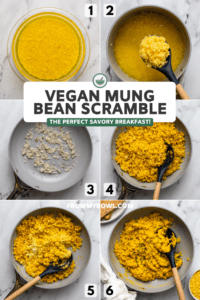 Photo steps for how to make mung bean scramble. Photos show soaking beans, cooked beans, sauteed shallot and garlic, cooked mung beans with spices, stirring in coconut cream, and a spoon in the pan with the finished dish