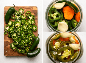 Three photos documenting the pickling process; jalapenos are sliced on a wooden cutting board, jalapenos in a glass jar before pickling, and jalapenos in brine after they have fully pickled