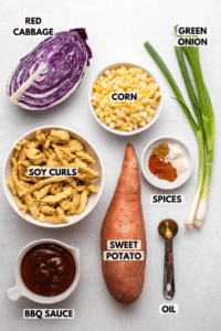 Ingredients for Sheet Pan BBQ arranged on stone background. Clockwise text labels read corn, green onion, spices, oil, sweet potato, bbq sauce, soy curls, and red cabbage