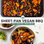 Roasted sweet potato, red cabbage, and corn tossed with bbq soy curls on dark baking tray, followed by image of sheet-pan bbq served in a small white bowl and topped with green onions