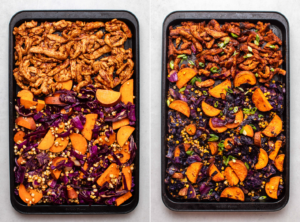 Two side-by-side photos of the sheet pan BBQ before and after cooking
