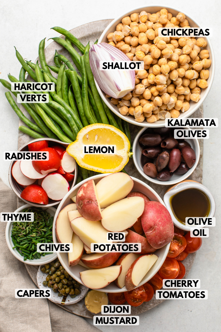 Ingredients for Vegan Niçoise Salad on stone serving tray. Clockwise text labels read chickpeas, kalamata olives, olive oil, cherry tomattoes, dijon mustard, red potattoes, capers, chives, thyme, radishes, haricot verts, and shallot
