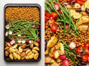 Photo of roasted chickpeas, green beans, radishes, and potatoes on baking tray next to photo of plated salad with fresh tomatoes, olives, and dressing