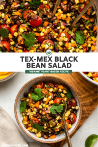 close-up photo of ingredients of salad in mixing bowl above photo of tex mex black bean salad in small white bowl with fresh cilantro and a gold fork