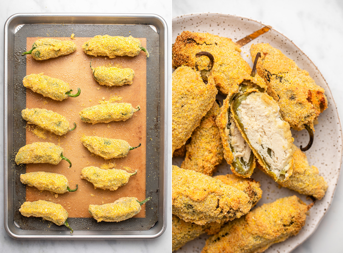 Photo of jalapeño poppers on baking sheet next to photo of baked peppers on a plate, with one cut in half to show the cream cheese filling