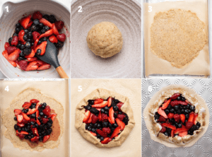 6 side-by-side process photos of the berries, a dough ball, the dough rolled flat, the berry filling added to the dough, the galette folded up, and the galette before baking with sugared edges