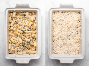 Two side-by-side photos of the jalapeño popper pasta bake before baking; one to show the pasta, and another after the pasta is covered with cheese