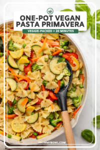 close-up photo of cooked pasta primavera with colorful vegetables