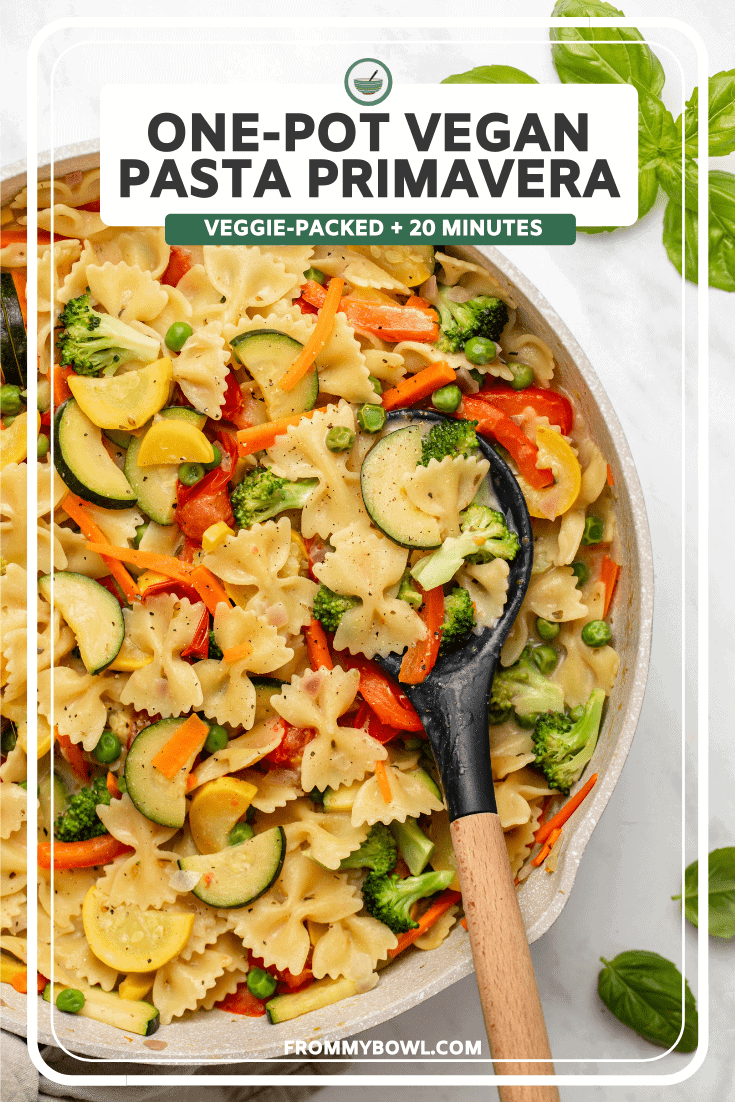 close-up photo of cooked pasta primavera with colorful vegetables