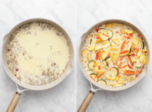 Two side-by-side photos of a large sauté pan; the first one shows the broth and seasonings, and the second one shows the pasta and vegetables added in before cooking