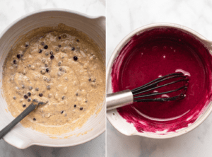photo of blueberry batter in large mixing bowl next to photo of blueberry glaze in small mixing bowl