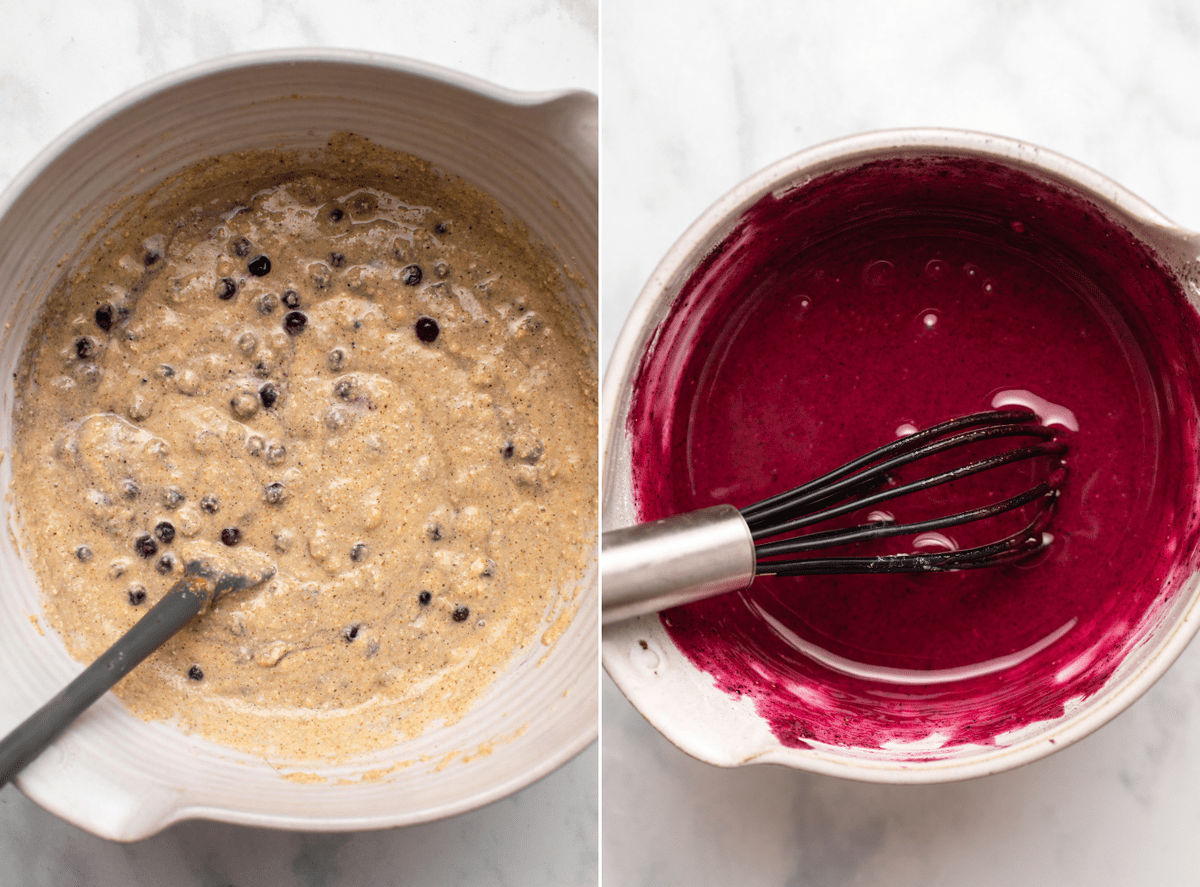 photo of blueberry batter in large mixing bowl next to photo of blueberry glaze in small mixing bowl 