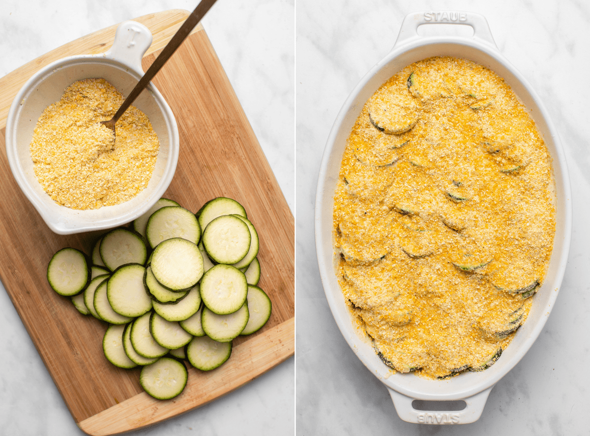 Two side-by side photos; the first shows sliced zucchini and the cornmeal breadcrumb mixture on a cutting board. The second photo shows the assembled gratin in a white casserole dish before baking