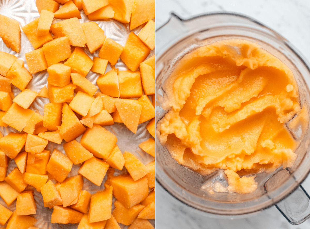 Two side-by-side photos of cubed frozen cantaloupe on baking sheet next to blended cantaloupe in blender