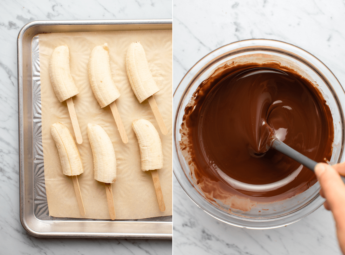 Side-by-side photos of plain bananas skewered and on a baking tray, next to a photo of a glass bowl of melted chocolate being stirred with a spatula