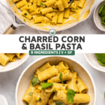 Creamy Charred corn pasta in large grey saute pan with wooden spoon and fresh basil on the side