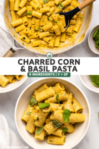 Creamy Charred corn pasta in large grey saute pan with wooden spoon and fresh basil on the side