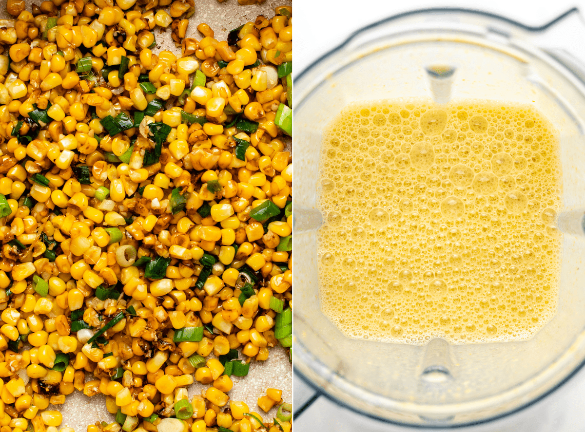 Side-by-side photos of seared corn in a skillet next to the blended corn sauce in a blender