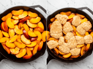 Two side-by-side photos; the first shows the peaches before baking in a cast iron pan, the second shows the finished cobbler with cooked biscuit topping on top