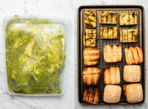 Side-by-side photos of tofu marinating in a bag with pesto, next to photo of grilled tofu and buns on a cooling rack