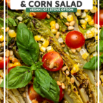 Overhead photo of grilled romaine salad arranged on a large plate with charred corn, tomatoes, basil, and toasted pine nuts