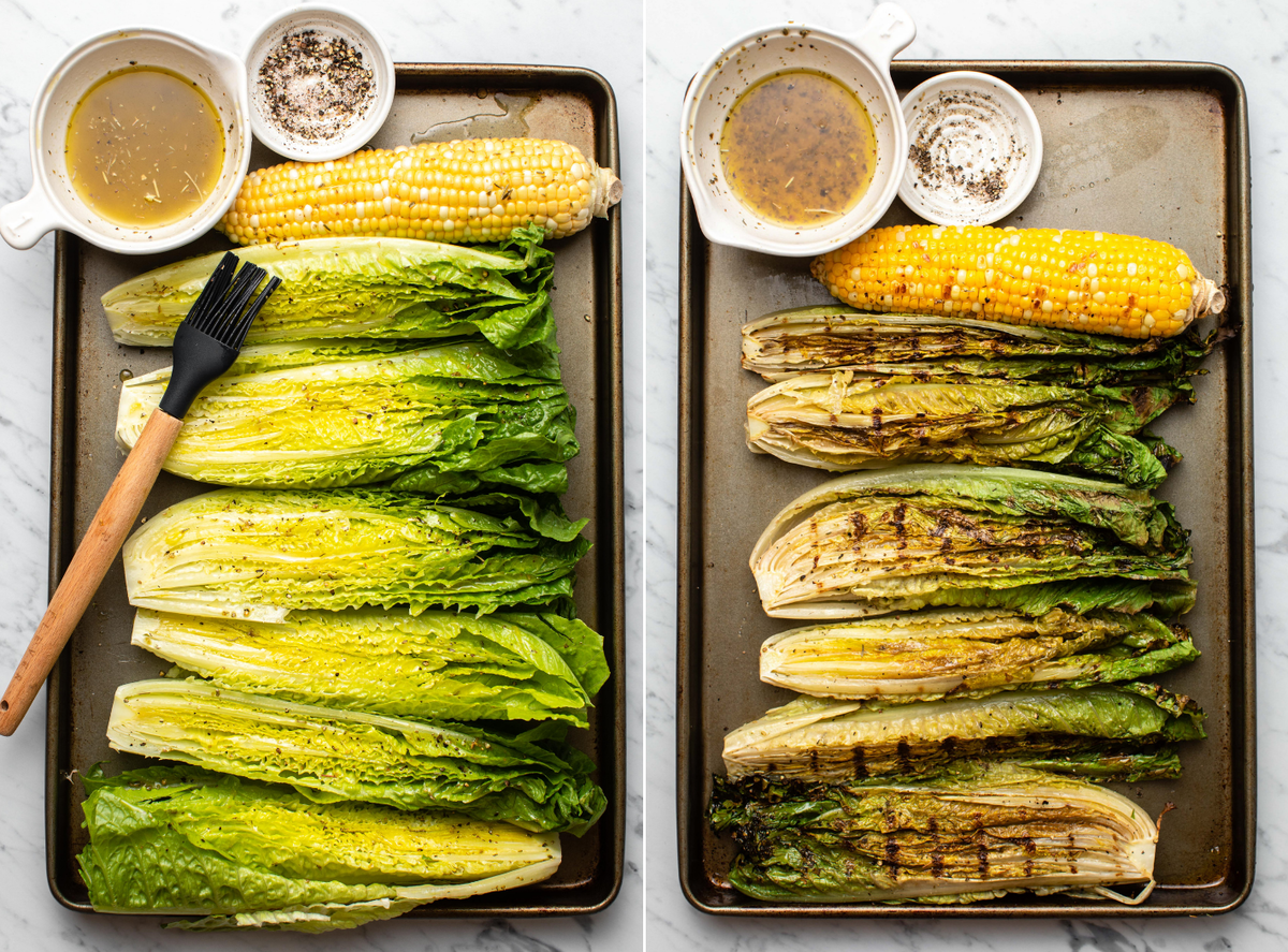Side-by-side photos of romaine hearts and corn on baking tray with vinaigrette, before and after grilling