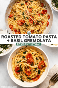 Large sauté pan of roasted cherry tomato pasta over a photo of the pasta served in a small bowl and topped with basil gremolata