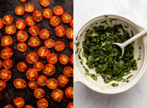 Two side by side photos; the first of roasted cherry tomatoes on a baking tray, the second of a small bowl of basil gremolata