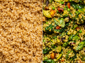 two side-by-side photos of pan toasted brown rice and completed pesto fried rice