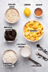 Ingredients for coconut mango tart in white bowls on marble background. Text labels read lemon, agave, mango, vanilla, salt, coconut cream, cardamom, shredded coconut, medjool dates, and rolled oats