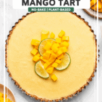 Frozen coconut mango tart topped with diced mango and a slice of lime on marble background