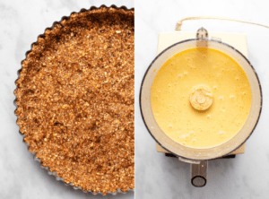 Side-by-side photos of crust pressing into tart pan next to blended mango filling in a food processor