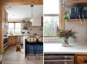 Two side-by-side photos of a dog sitting in the kitchen with a navy blue island, waterfall kitchen counter, and light filled window next to open shelving with cookbooks and pots and pans